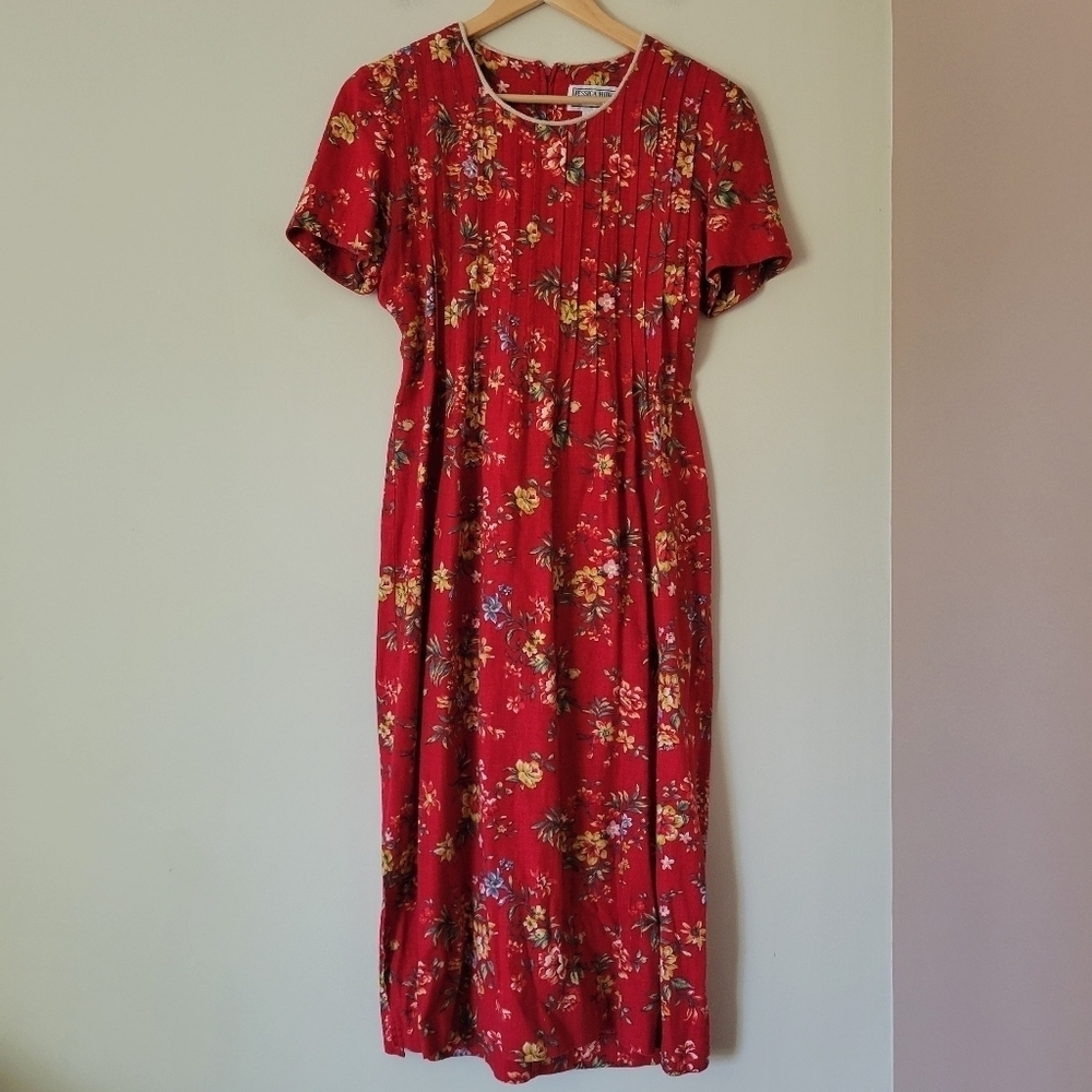 Vintage 90s Red Linen Rayon Red Floral Short Sleeve Tie Back Midi Dress Size 4 P